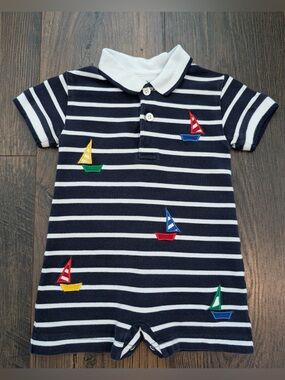 Florence Eiseman Kids Striped Polo Romper with Embroidered Sailboats - 18 Months